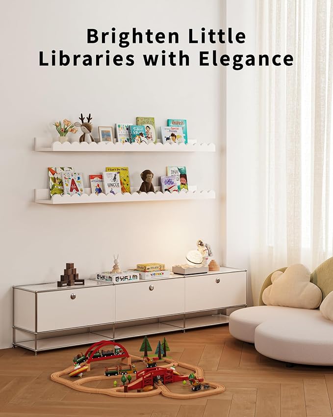 Shario Nursery Book Shelves, 4-Pack Wood Floating Shelves for Wall Kids, Scalloped Shelves, Wall Book Shelves for Bedroom Kids, Toddler Room, Baby Room, Nursery Decor (White, 31.5 Inches)