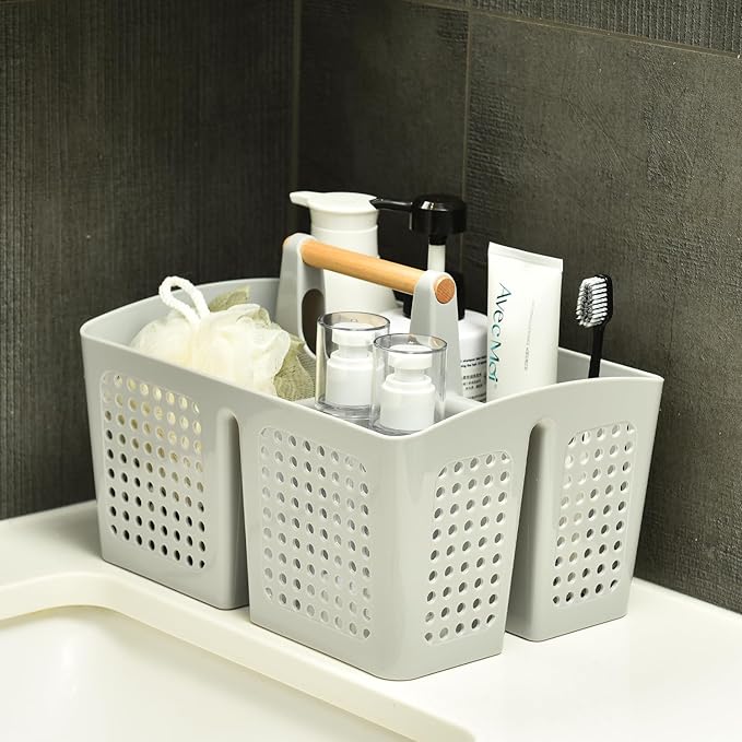 Portable Shower Caddy Basket with Compartments, Plastic Divided Cleaning Caddy Organizer Storage Tote with Handle for Bathroom, College, Dorm Room Essentials, Light Gray