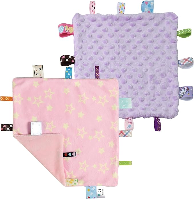 CREVENT Tag Security Blankets for Babies, Soft Small Loveys for Boys, Baby Comforter Sensory Blanket, Great Gifts for Birthday Baby Shower - 10"X10" Pink Star + Purple