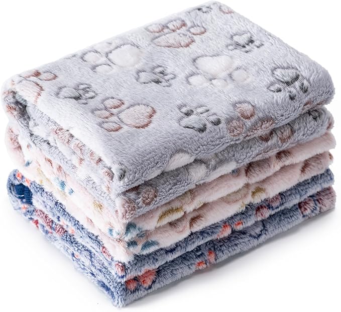 1 Pack 3 Blankets Super Soft Fluffy Premium Fleece Pet Blanket Flannel Paw Printed Throw for Dog Puppy Cat (Small 23x16'', Beige, Grey, Navy)