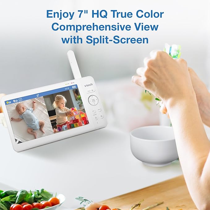 VTech Advanced HQ Max Twin 7" Digital Video 2-Cameras Baby Monitor with Pan Tilt Zoom, Long Battery Life 5000mAh, IPS Screen, Adaptive Multi-Color Night Light, 2-Way Talk, HQ Display, No WiFi, White