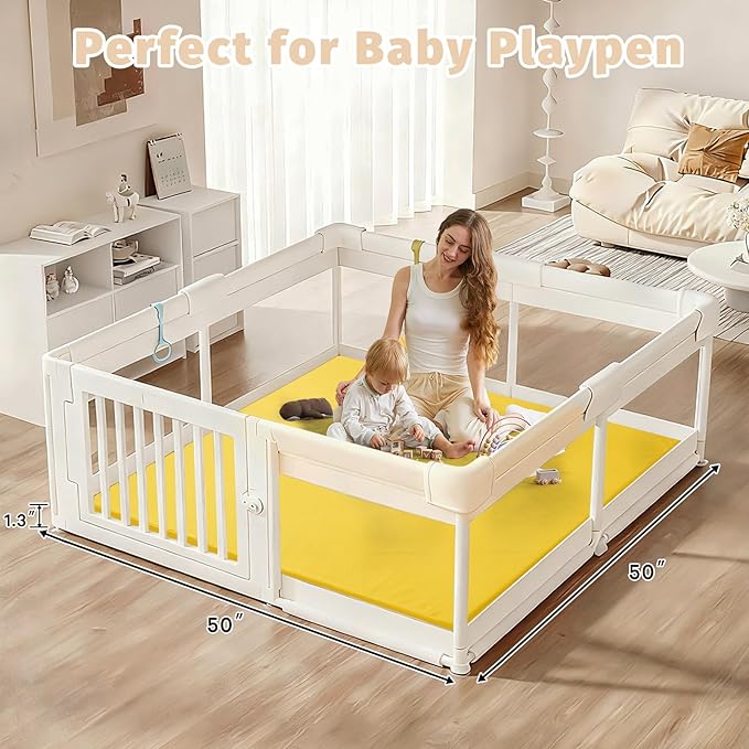 Waterproof Baby Play Mat for Floor 1.3"Thick Memory Foam 50*50 Cushion Playpen Playmat Tummy Time Crawling Mat Nursery Rug Pad Mattress Create Soft & Safe Area for Infants,Toddler,Kid,Yellow