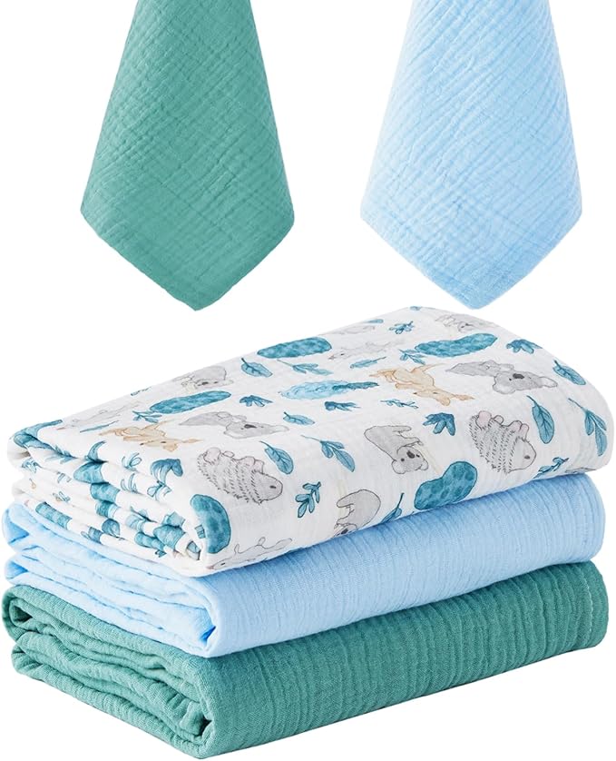 5 Pack Muslin Swaddle Blankets & Baby Burp Cloths, Soft & Breathable Cotton Baby Blankets, Receiving Blankets for Newborn Boy, Nursery Infant Essentials, Swaddling Wrap for Unisex (Blue & Teal)