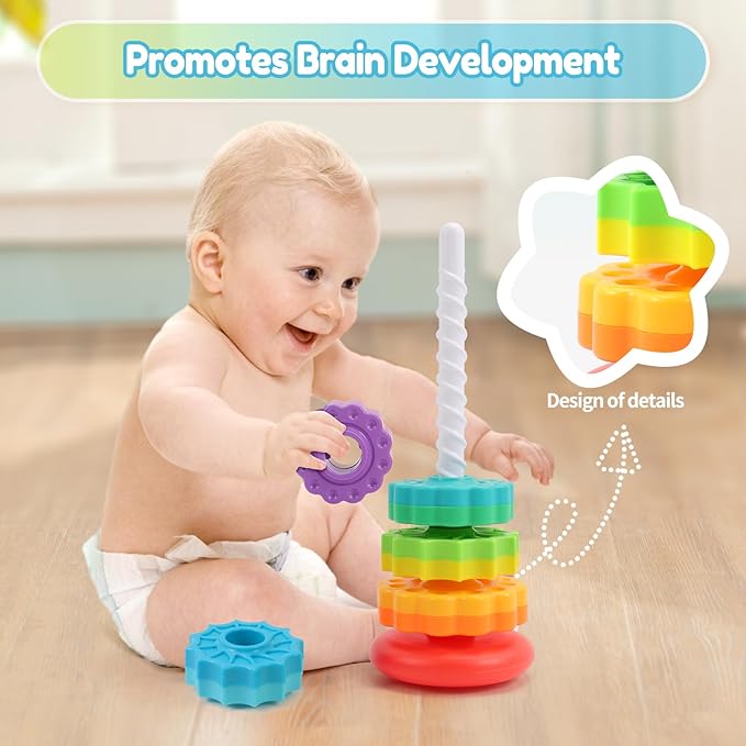 Baby Spinning Stacking Toys, 1-3 Rainbow Ring Stacker Montessori Toys for Babies, Sensory Toys for Toddlers, Christmas and Birthday Gifts Suitable for Boys and Girls (14 inches)