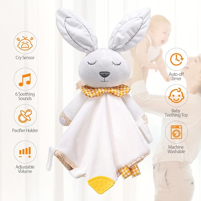 BEREST Rechargeable Baby Sleep Soother Bunny Lovey- White Noise| Heartbeat| Shushing| Lullaby Infant Sleeping Aid with Cry Sensor at Nap Time Routine, Newborn Gifts Plush Toddler Snuggle Blanket Toy