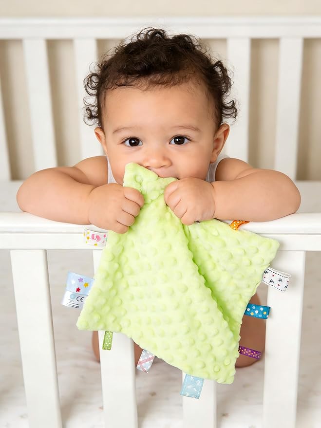 CREVENT Tag Security Blankets for Babies, Soft Small Loveys for Boys, Baby Comforter Sensory Blanket, Great Gifts for Birthday Baby Shower - 10"X10" Green