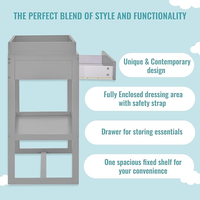 Dream On Me Arlo Changing Table in Pebble Grey – Enclosed Dressing Area with Safety Strap, Solid New Zealand Pinewood, Non-Toxic Finish, Spacious Fixed Storage Shelf, Water-Resistant 1" Changing Pad
