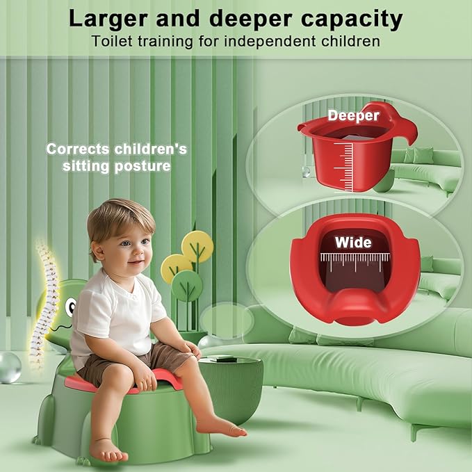 Potty Training Toilet Seat - Dinosaur Design, Portable Travel Potty with Lid, Urinal, Splash Guard, Non-Slip Pad (Green)