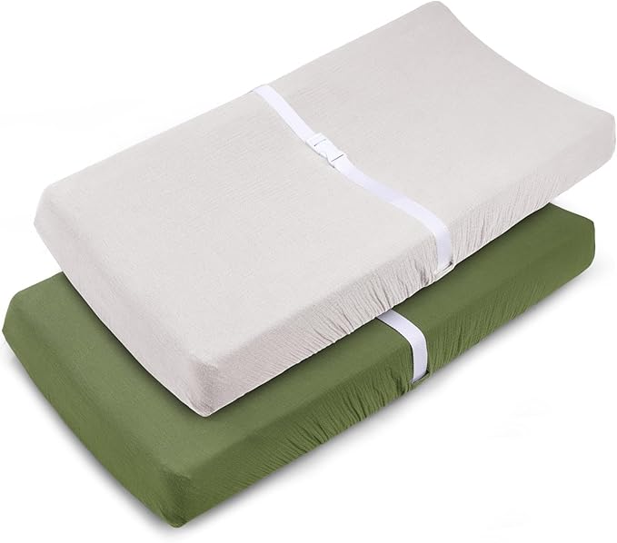 Muslin Changing Pad Cover for Baby Girls Boys-2 Pack 17"x 33" Cotton Soft Diaper Changing Pad Cover-Breathable Changing Pad Sheets-Neutral Boho Olive Green & Beige