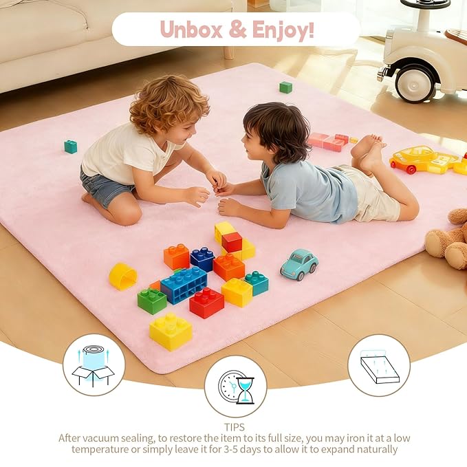 Velvet Baby Play Mat for Floor, 1.3" Thick Elasti-Foam 50"×50" Playpen Mat with Removable & Washable Velvet Cover for Toddler, Infant,Kids, Non-Slip Crawling Mat for Tummy Time (Pink)