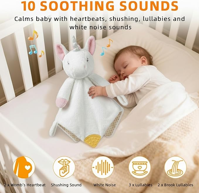 BEREST Unicorn Baby Sleep Soother 4-in-1 Sound Machine with Heartbeat & White Noise|Security Blanket & Pacifier Holder|Soothing Plush Toy for Newborns|Perfect Baby Registry Essential & Christmas Gift