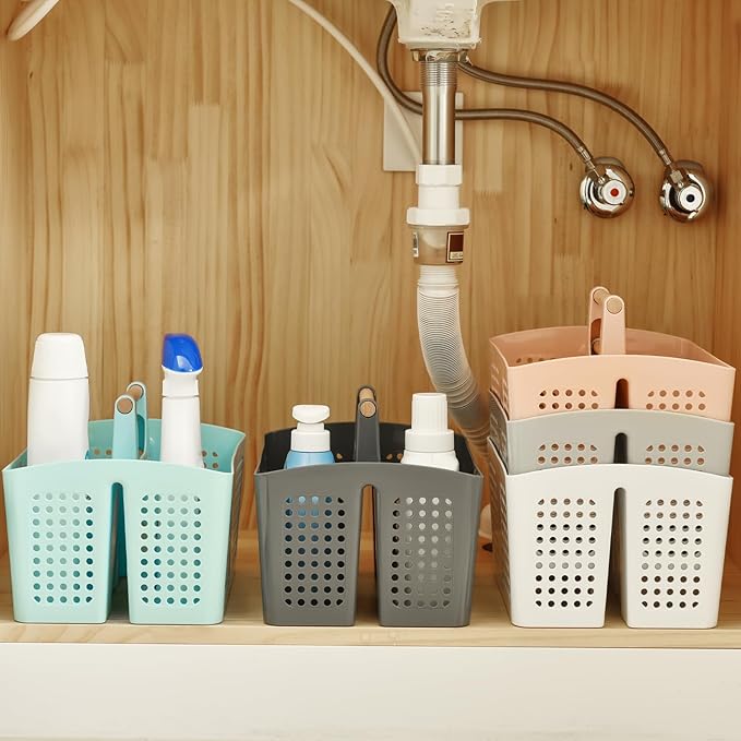 Portable Shower Caddy Basket with Compartments, Plastic Divided Cleaning Caddy Organizer Storage Tote with Handle for Bathroom, College, Dorm Room Essentials, White