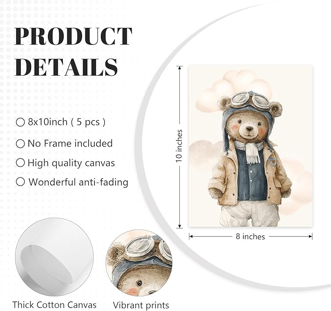 Teddy Bear Nursery Wall Art Decor Vintage Boy Room Pictures Baby Boy Nursery Canvas Wall Decor Blue Vintage Airplane Poster Kids Travel Aviation Prints for Playroom Bedroom 8x10x5 Inch Unframed