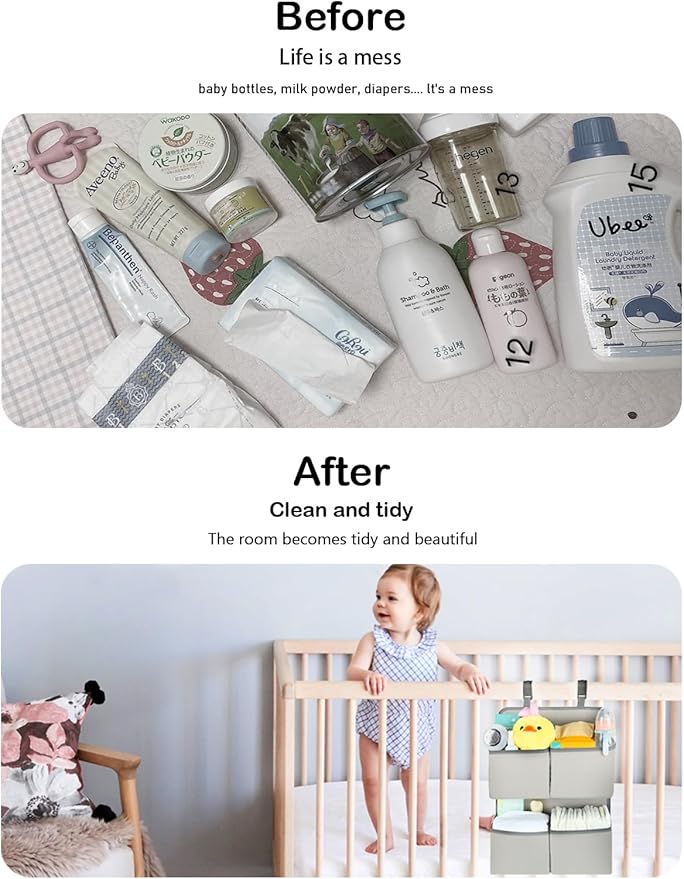 Hanging Diaper Organizer for Crib/Playard/Bassinet – H19 x L15 Hold 80+ Diapers - Changing Table Diaper Holder - Hanging Diaper Stacker Nursery Caddy Organizer for Boy or Girl (Silver-grey)