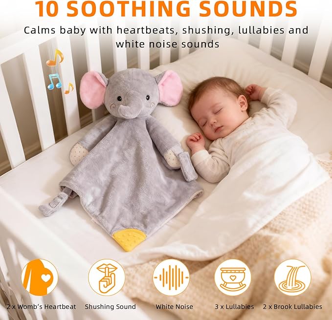 BEREST Elephant Baby Lovey Rechargeable Sleep Soother with 10 White Noises (Heartbeat, Shushing & Lullabies) & Cry Sensor|Timer|Recording|Plush Blanket Comforter Gift for Newborns|Infants|Boys & Girls