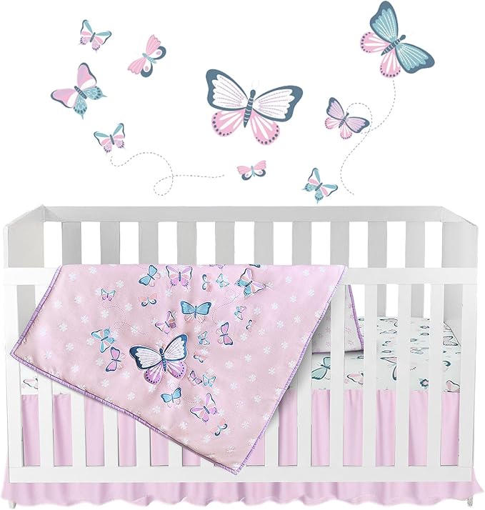 Butterfly Baby Crib Bedding Set Girl 28"x52", 8" Deep Pocket - 5 pcs Baby Bedding Set with Blanket, 2 Crib Sets for Girls Cotton Fitted Sheets, Skirt, and Butterfly Wall Sticker - White & Pink