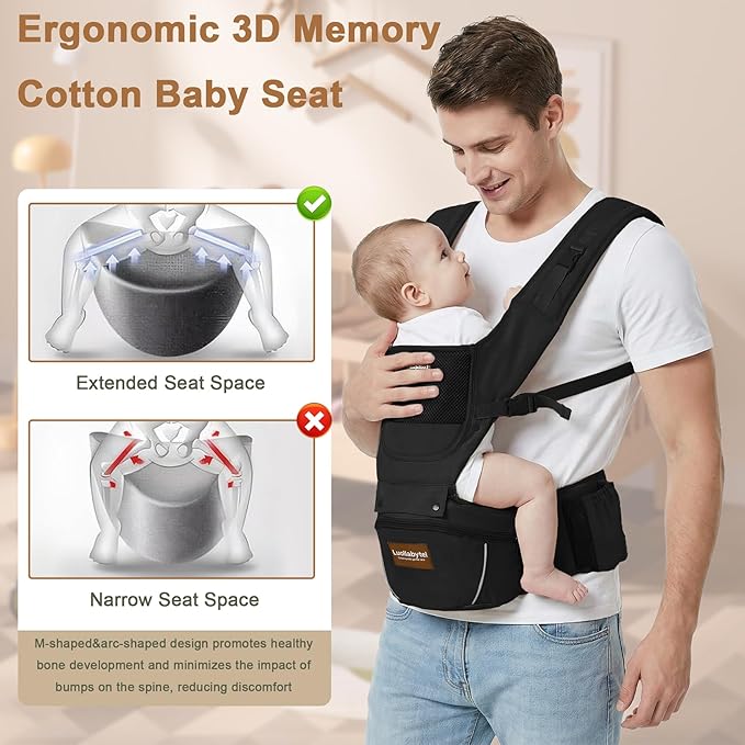 Baby Carrier with Hip Seat, 6-in-1 Baby Carrier Newborn to Toddler, Forward-Facing Carry for Active Babies, Adjustable Detachable Infant Carrier, Hands-Free Baby Holder (Black)