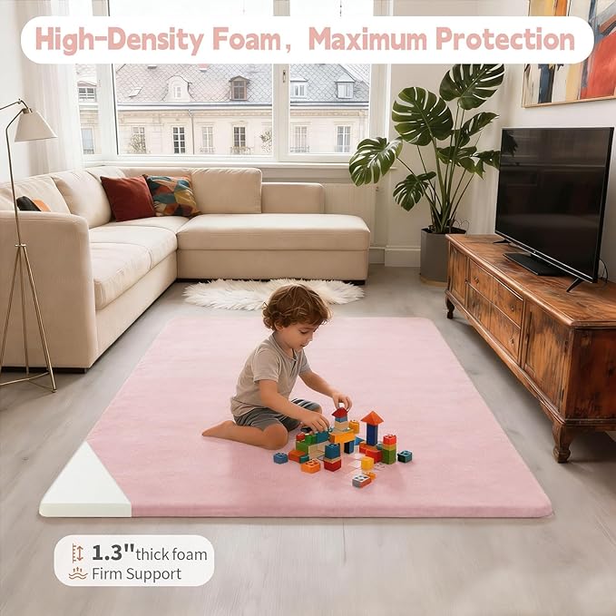 Velvet Baby Play Mat for Floor, 1.3" Thick Elasti-Foam 50"×50" Playpen Mat with Removable & Washable Velvet Cover for Toddler, Infant,Kids, Non-Slip Crawling Mat for Tummy Time (Pink)