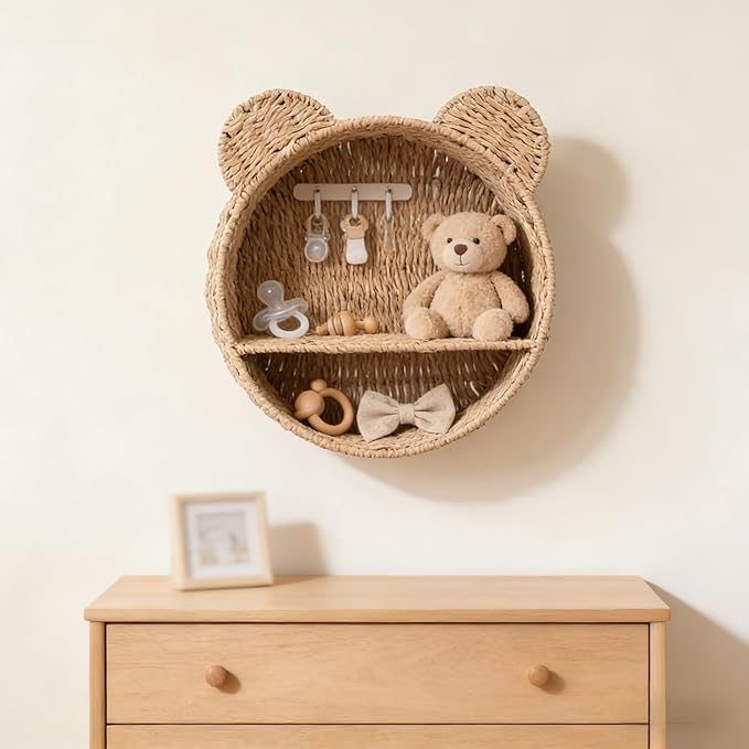 Bear Rattan Wall Shelf, Handwoven Wicker Nursery Shelf for Wall, Wall-Mounted Floating Display Shelf Organizer for Small Books, Toys & Decor