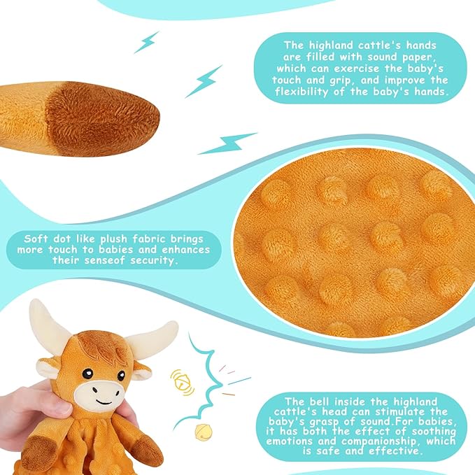 Loveys for Babies,Soft Baby Security Blanket for Newborn Infant Toddler Snuggle Toy Stuffed Animal,Lovey Highland Cow Security Blankets Baby Unisex for Gifts(Highland Cow,12.2in)