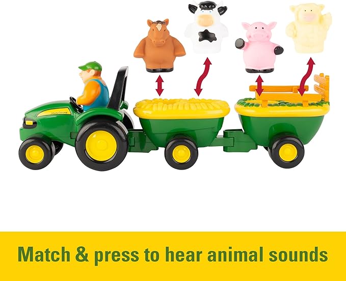 TOMY John Deere Animal Sounds Hayride Musical Tractor Toy - Musical Hayride Toddler Toys - Includes Farmer Figure, Tractor, and 4 Farm Animals - Toddler Music Toys - Ages 12 Months and Up