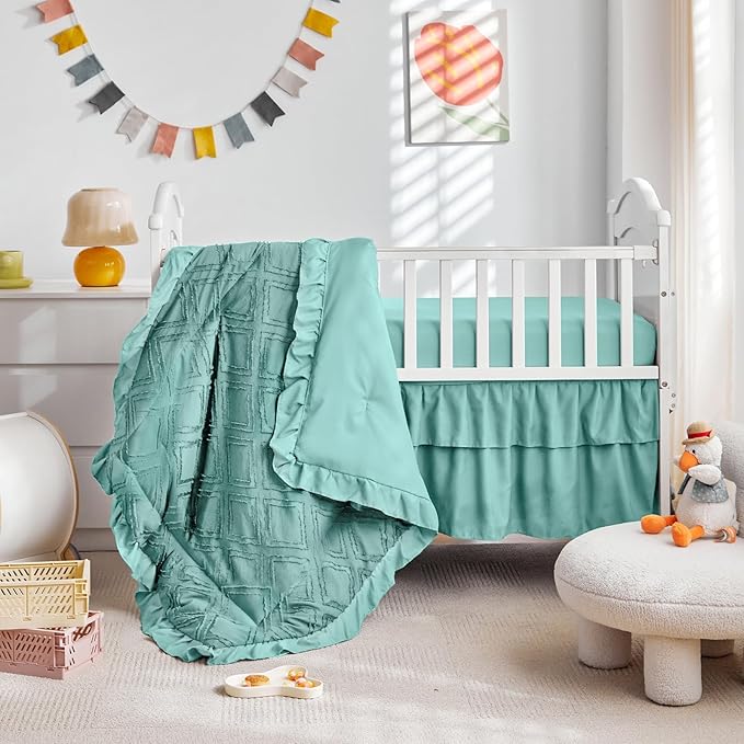 Mini Crib Bedding Set 3 Pieces Baby Boho Quilted Tufted Ruffles Comforter with Fitted Sheet and Ruffled Bed Skirt - Cute Shabby Baby Bedding Fits Mini Crib Only Teal Blue