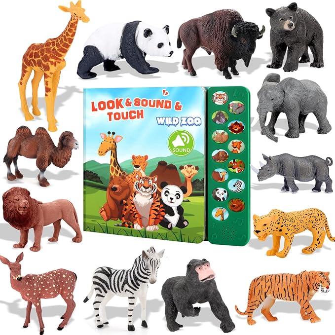 Safari Animals Figures Toys - 13 Realistic Wild Plastic Animal Figurines & Kids Sound Book - Educational Learning Toys Gift for 3 Years Old & Up Boys Girls Toddlers