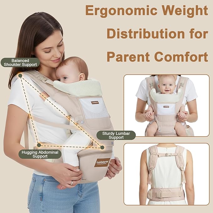 Baby Carrier with Hip Seat, 6-in-1 Baby Carrier Newborn to Toddler, Adjustable Detachable Infant Toddler Carrier, Hands-Free Baby Holder, All Seasons, Perfect for Shopping Travelling (Khaki)
