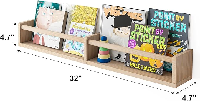Fixwal Nursery Bookshelves, 32in Floating Bookshelves for Wall Set of 3, Wood Wall Mounted Floating Shelves for Baby Nursery Decor and Toys Storage (Natural Wood)