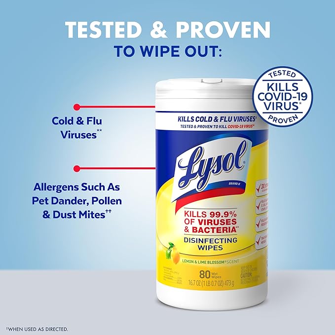 Lysol Disinfectant Wipes Multi-Surface Antibacterial Cleaning Wipes, Dorm Room Essentials For Disinfecting and Cleaning Lemon and Lime Blossom 80 Count (Pack of 2)