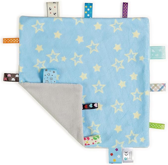 CREVENT Tag Security Blankets for Babies, Soft Small Loveys for Boys, Baby Comforter Sensory Blanket, Great Gifts for Birthday Baby Shower - 10"X10" Pink Star + Blue Star + Ivory + Purple