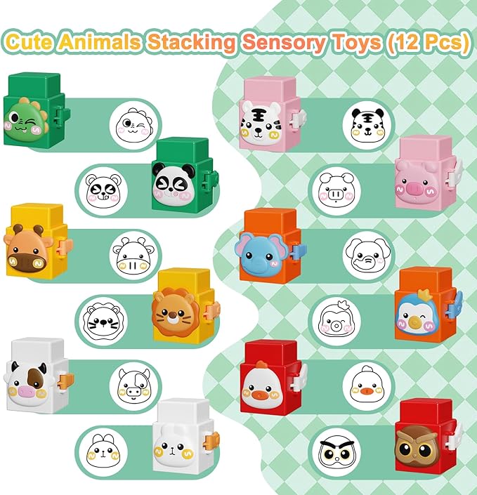 12 PCS Stacking Toys Set for Toddlers 18+ Months 1 2 3 4 Years Old Boys Girls Preschool Pressable Animals Stacking Blocks Sensory Toys with Cute Expressions Fun Easter Birthday Gifts for Kids