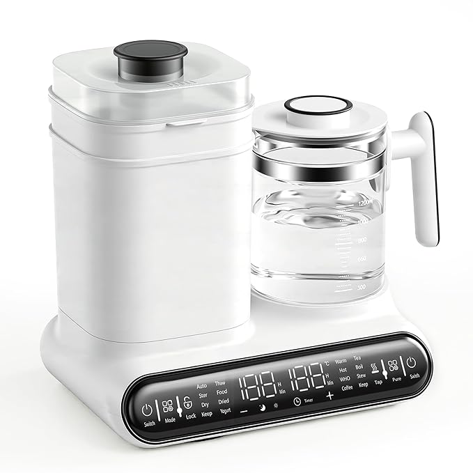 Baby Bottle Warmer, Steamer & Dryer, 16-in-1 Fast Milk Warmer with Timer for Breastmilk & Formula, 1.2L Electric Kettle with Accurate Temp Control, Thaw, Steri-lizing, Keep Warm, Heat Food
