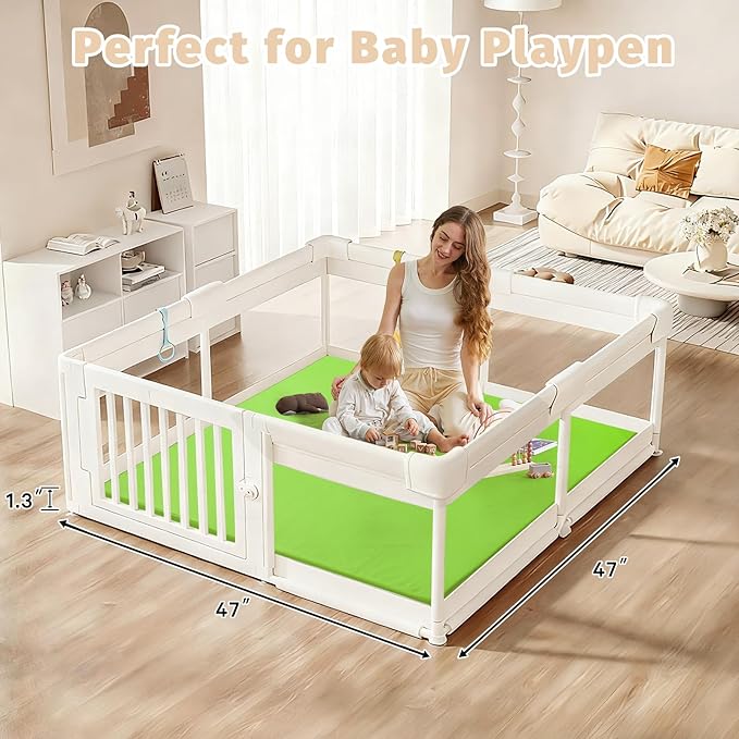Waterproof Baby Play Mat for Floor 1.3"Thick Memory Foam 47*47 Cushion Playpen Playmat Tummy Time Crawling Mat Nursery Rug Pad Mattress Create Soft & Safe Area for Infants,Toddler,Kids,Green