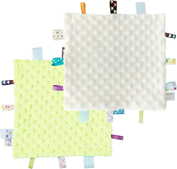 CREVENT Tag Security Blankets for Babies, Soft Small Loveys for Boys, Baby Comforter Sensory Blanket, Great Gifts for Birthday Baby Shower - 10"X10" Green + Ivory