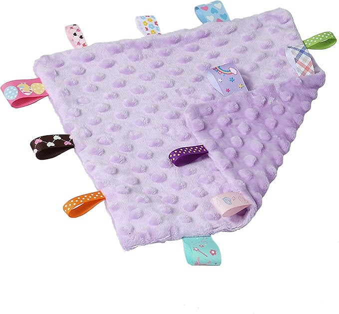 CREVENT Tag Security Blankets for Babies, Soft Small Loveys for Girls, Baby Comforter Sensory Blanket, Great Gifts for Birthday Baby Shower 10"X10" (Purple+Pink Tag, Crib)