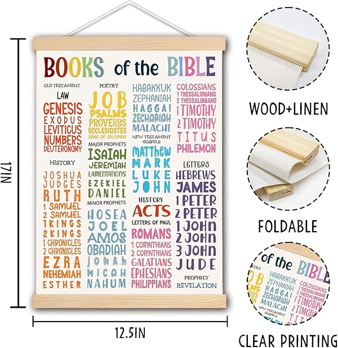 Christian Wall Decor, Books of the Bible Wall Art With Wooden Poster Hanger, Christian Educational Bible Verses Wall Art Decor for Bedroom Classroom Church Christian Homeschool, 12.5x17 Inch