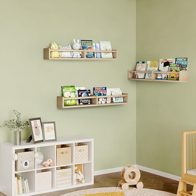 Fixwal Nursery Bookshelves, 32in Floating Bookshelves for Wall Set of 3, Wood Wall Mounted Floating Shelves for Baby Nursery Decor and Toys Storage (Natural Wood)