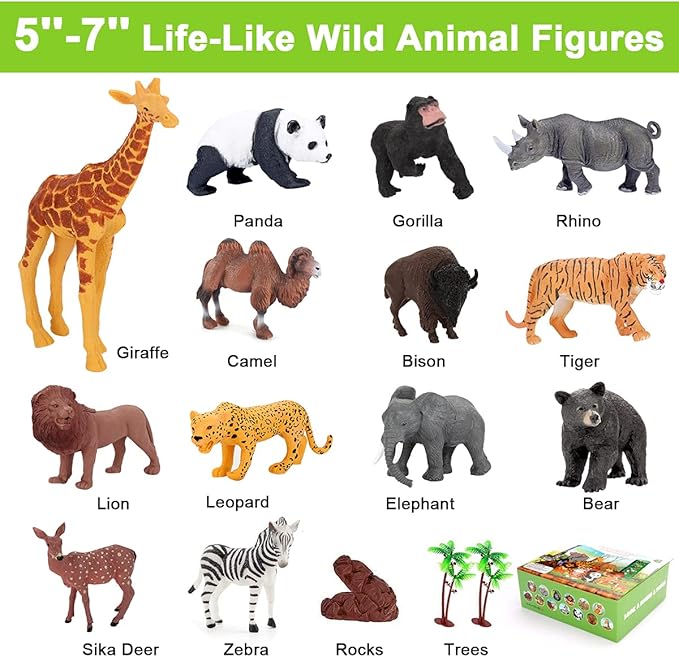 Safari Animals Figures Toys - 13 Realistic Wild Plastic Animal Figurines & Kids Sound Book - Educational Learning Toys Gift for 3 Years Old & Up Boys Girls Toddlers