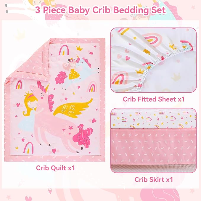 Crib Bedding Set for Boys Girls, 3 Piece Baby Bedding Sets Nursery Crib Sets Newborn & Infant & Toddler, Crib Set Include Quilted Comforter + Crib Skirt + Fitted Sheet - White Unicorn