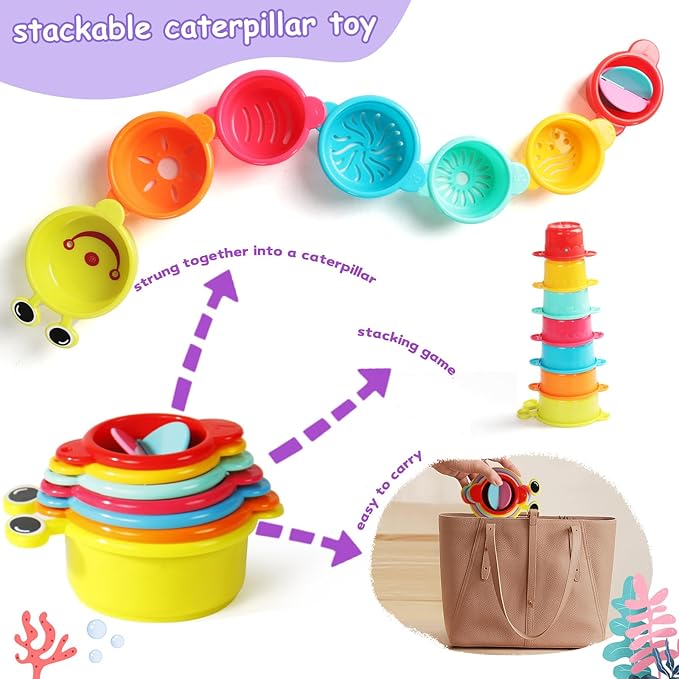 Baby Bath Toys for Kids Ages 1-3 Toddler Bath Toys Mold Free Bathtub Toys for 12+ Months Pool Water Table Beach Sand Toys Stacking Cups Floating Boats for 1+ Years Old Girls Boys Gifts 11 PCS