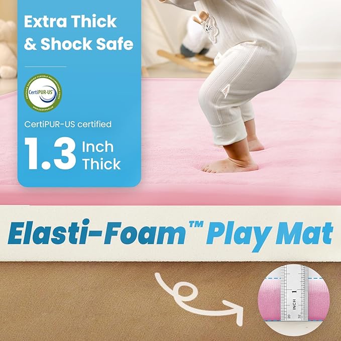 1.3" Thick Baby Floor Play Mat, 50x74 Padded Foam Tummy Time Crawling Mat, Non-Slip Water-Repellent Soft Plush Nursey Area Rug for Playroom Bedroom Living Room (Pink)