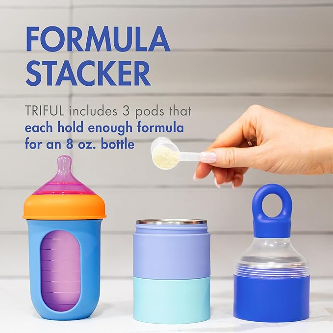 Boon Triful Baby Formula Dispenser On The Go - Insulated Stainless Steel Formula Containers with Stacking Design - Baby Bottle-Feeding Supplies for Travel, Camping, 8 oz, Blue