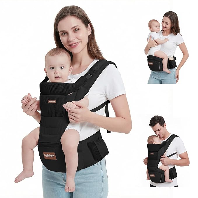 Baby Carrier with Hip Seat, 6-in-1 Baby Carrier Newborn to Toddler, Forward-Facing Carry for Active Babies, Adjustable Detachable Infant Carrier, Hands-Free Baby Holder (Black)