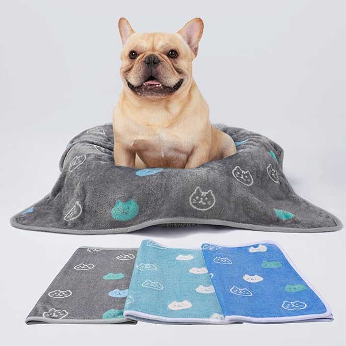 1 Pack 3 Blankets Super Soft Fluffy Premium Cute Cat Pattern Pet Blanket Flannel Throw for Dog Puppy Kitten Blue/Cyan/Grey Small(23x16 inch)
