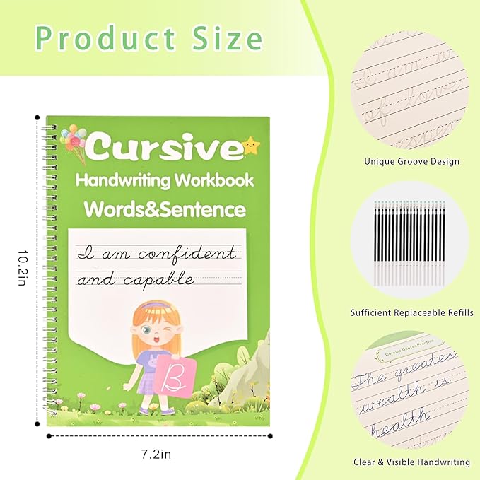 AALGO Grooved Cursive Handwriting Workbook,Cursive Writing Practice Book to Learn Cursive Handwriting,Cursive Workbook with Number and Letter Tracing and Sight Words and Sentences Practice
