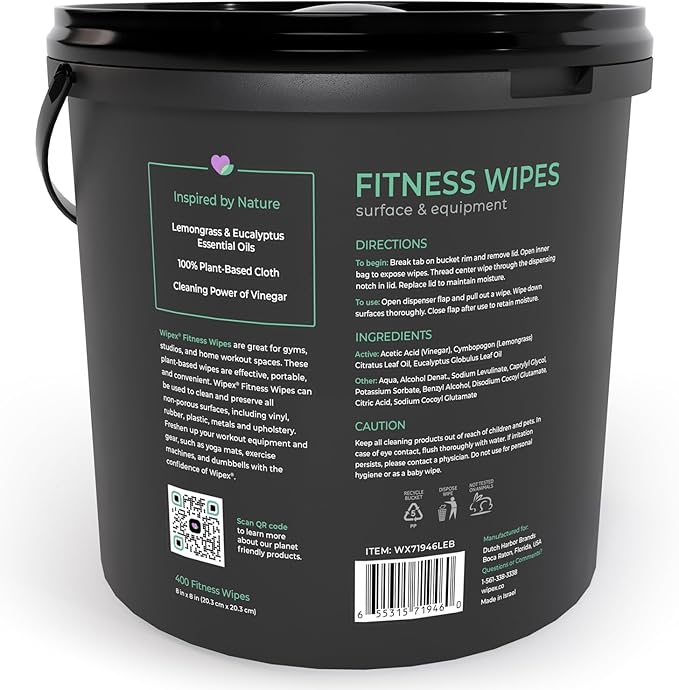 Wipex Fitness Wipes for Equipment Bundle - EWG Verified - Get 2 Buckets (1) Lemongrass & (1) Lavender Plant-Based Gym Equipment Wipes, Clean Surfaces & Mats, Safe Gym & Peloton Bike Cleaner