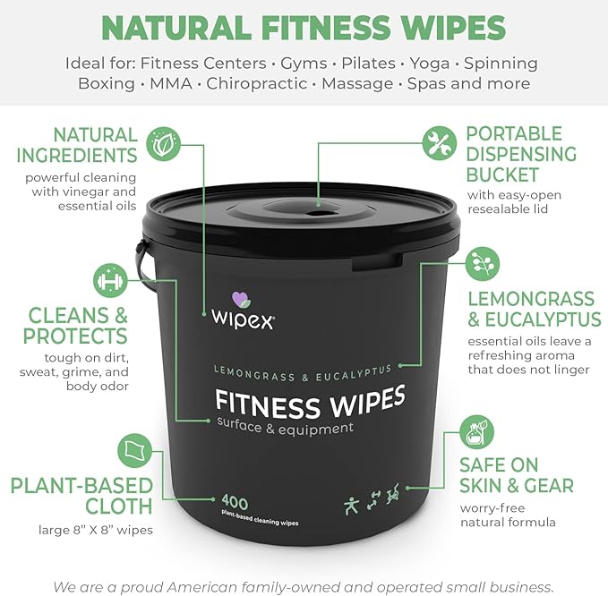 Wipex Yoga Mat Cleaner Wipes, EWG Verified, 400 Ct Plant-Based Lemongrass, Eucalyptus & Vinegar Wipes for Gym & Fitness Equipment & All Purpose Gym Cleaning - Safe for Peloton Bikes & Treadmills
