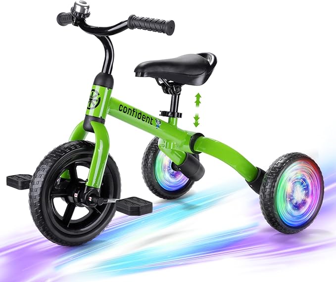 YGJT 3 in 1 Lighting Tricycle for Toddlers Age 2-5 Years Old, Folding Kids Balance Bike with Adjustable Seat and Removable Pedal, Toddler Bike Ride-on Toys for Infant, Gift for Baby Boys Girls(Green)
