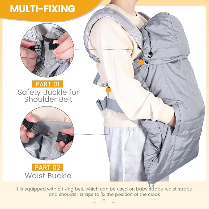 Orzbow Winter Baby Carrier Cover with Detachable Hood, Waterproof & Windproof, Universal for Baby Carriers and Baby Waist Stool, Baby Bunting Bag for Car Seats and Strollers with Storage Bag, Gray